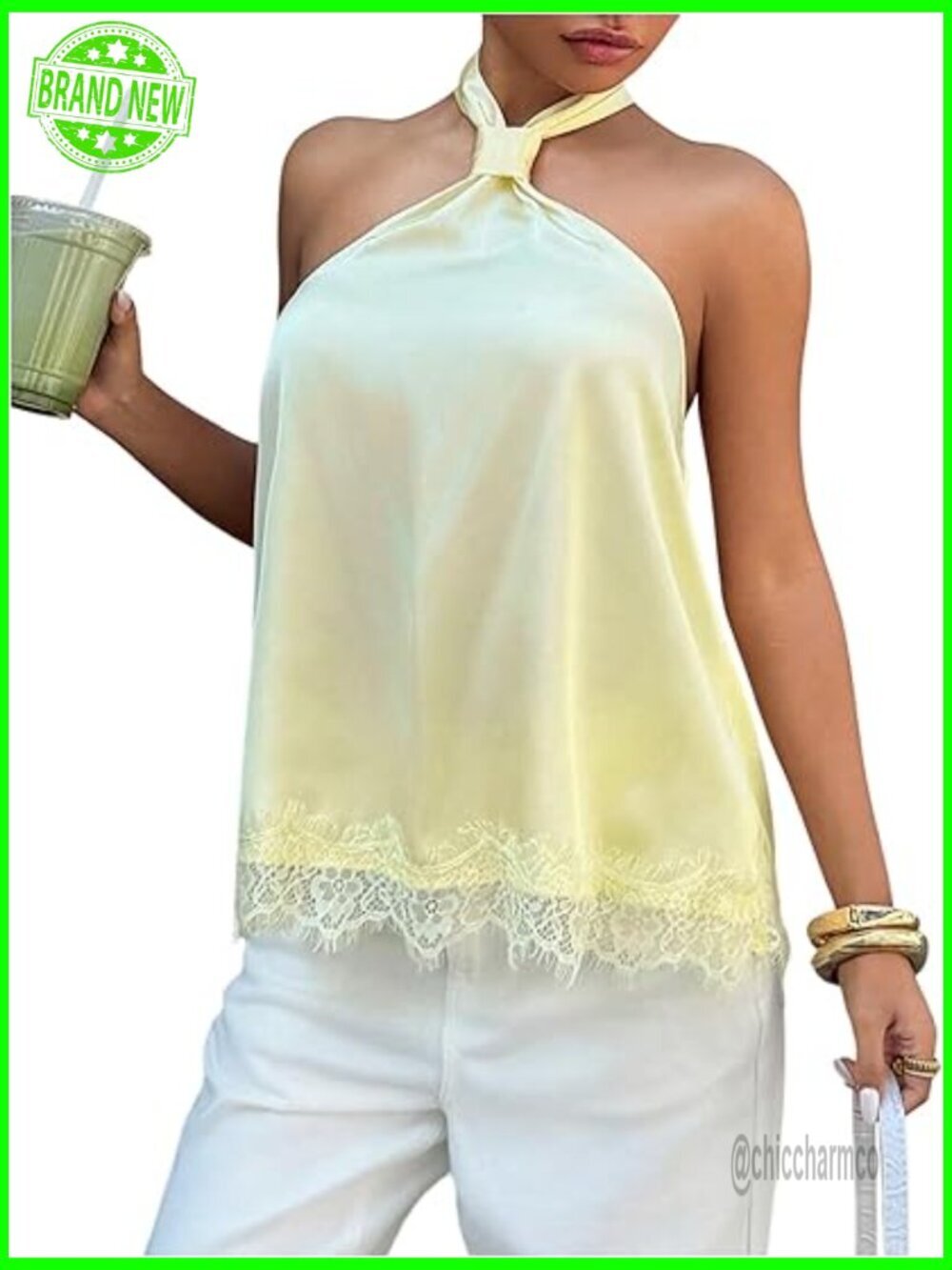 Satin Lace Halter Top Sleeveless Tie Back Slim Fit Dressy Tank